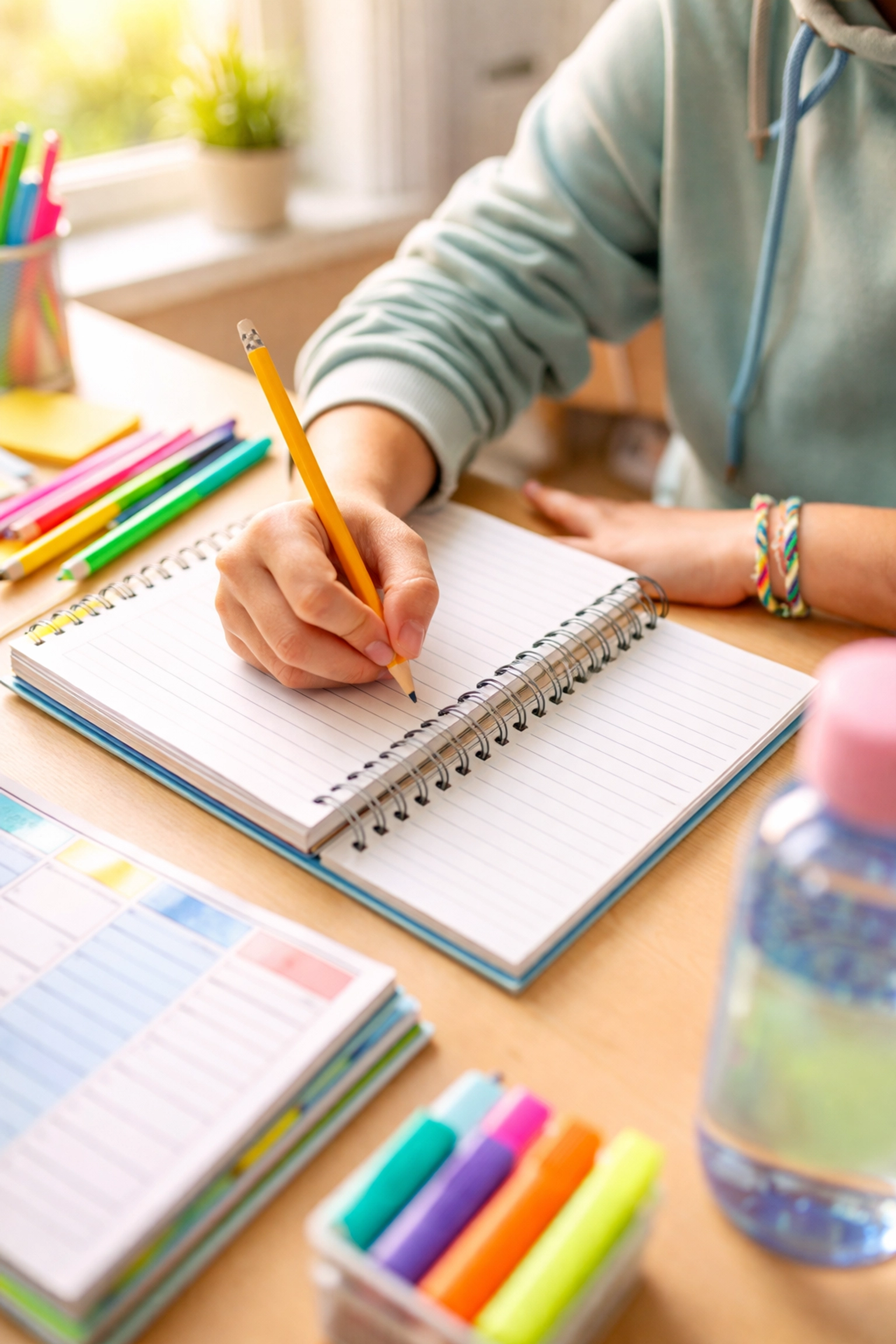 Middle school student's hands writing in a notebook with school supplies, demonstrating starting momentum for homework.