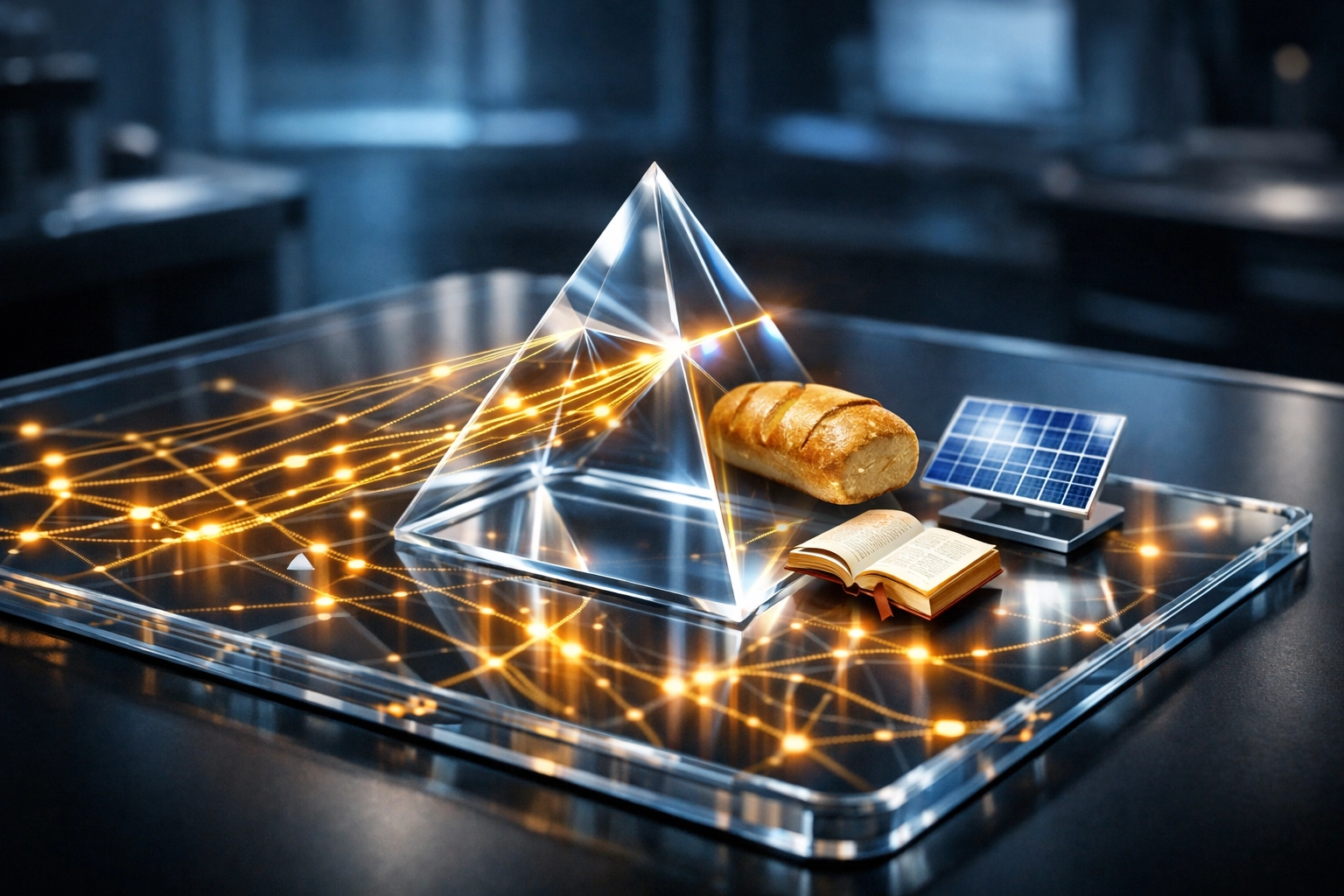 Transparent blockchain network showing Larecoin payments transforming into global social impact and charitable aid.