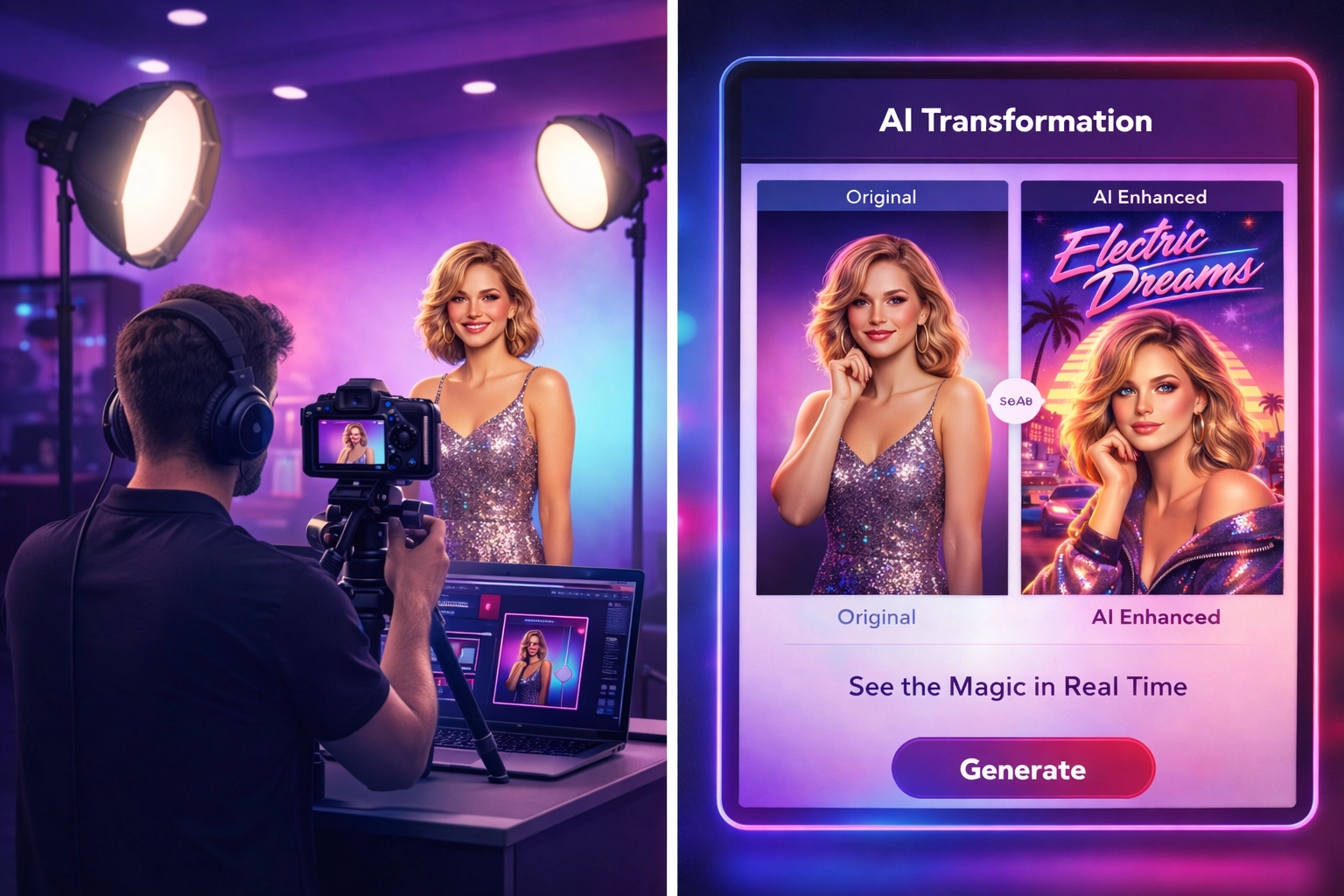 Hybrid photo booth workflow combining professional DSLR photography with AI transformation effects