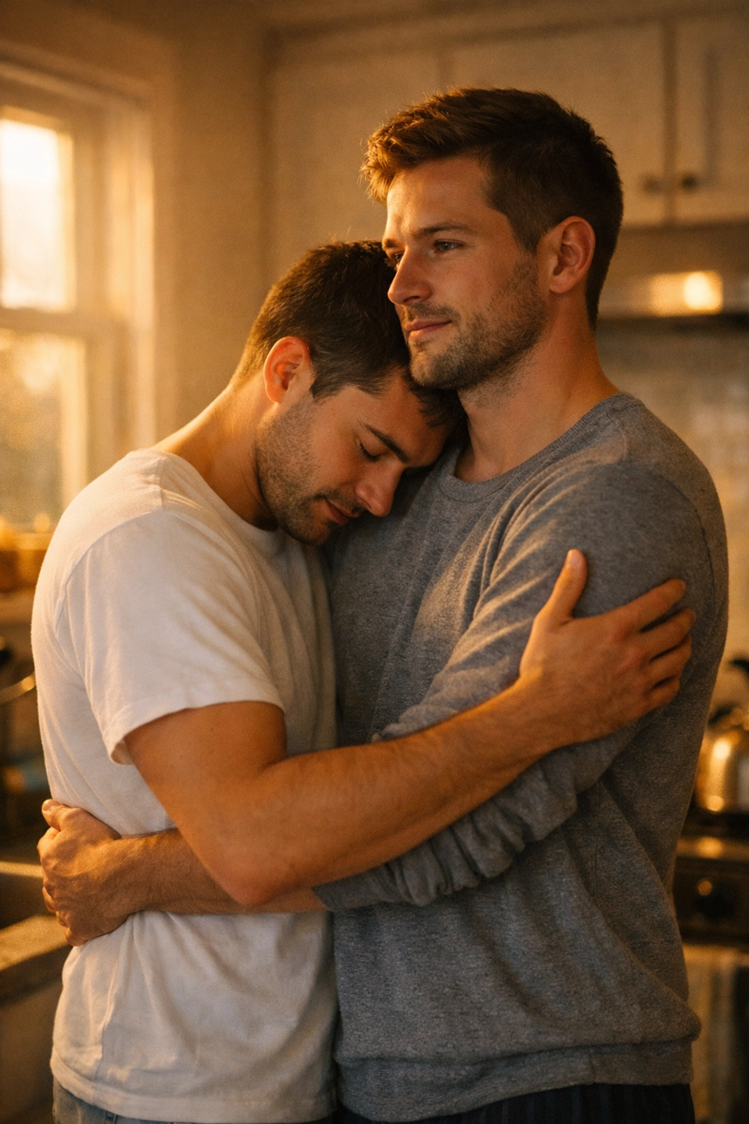 Gay couple embracing in kitchen at dawn after sharing midnight confessions
