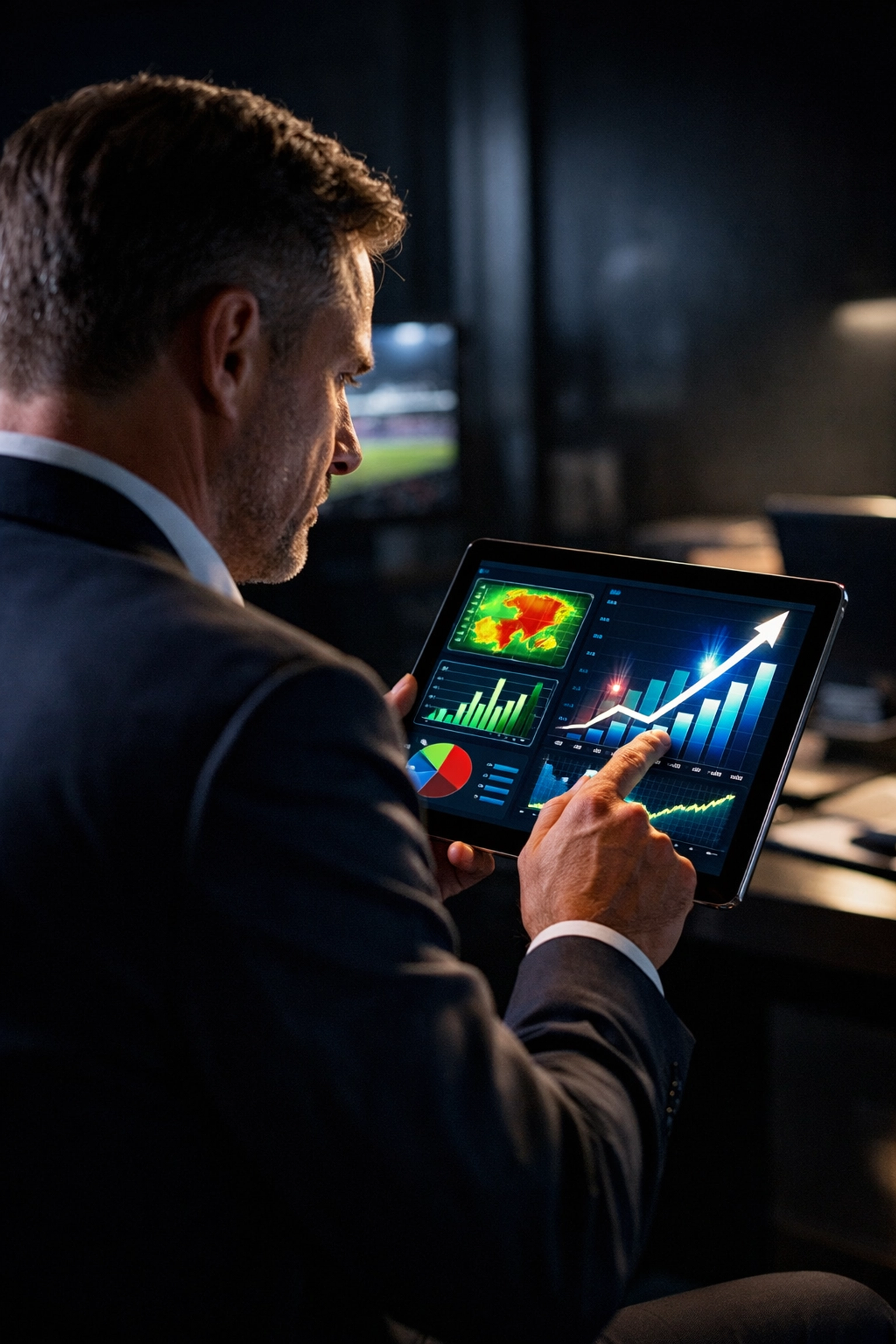 Marketing executive reviewing data analytics and campaign ROI on a tablet for the Sports Media Inc. Super Bowl blitz.