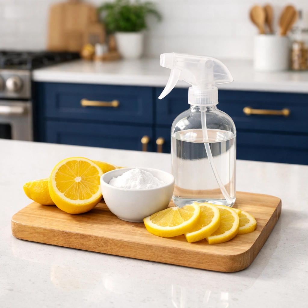 Natural cleaning ingredients like lemons and baking soda on a modern Fitchburg kitchen island.