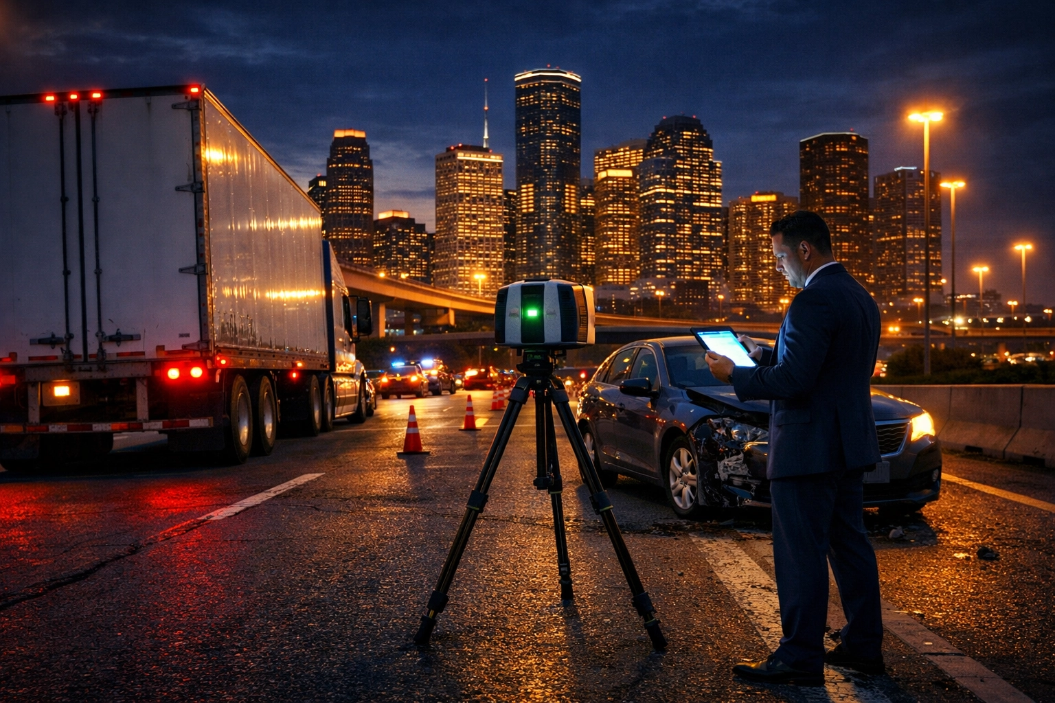 Accident reconstruction on Houston I-10 with investigator documenting evidence for an 18-wheeler injury claim.