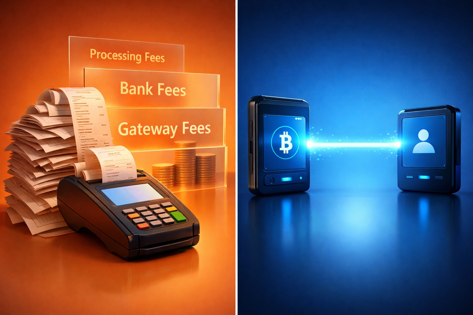 Self-custody crypto wallet comparison with traditional payment terminal showing merchant control