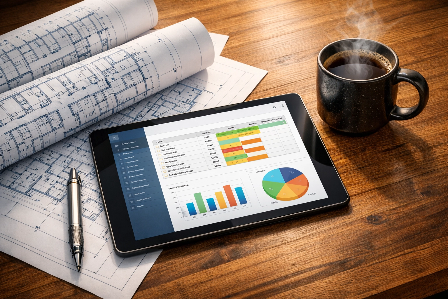 Professional multi-family plumbing project planning with blueprints and budget spreadsheets.