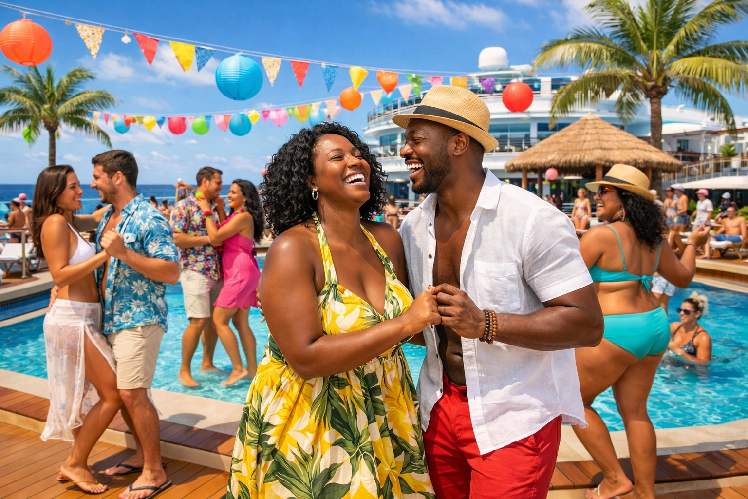 Couples dancing at themed lifestyle cruise pool party with tropical decor