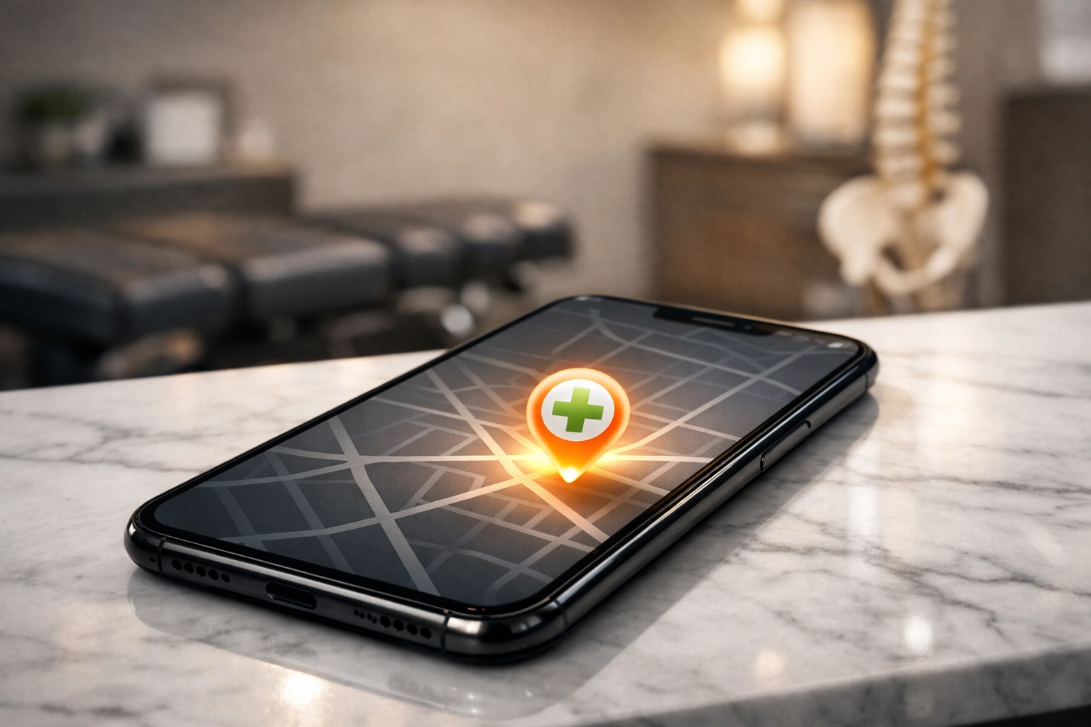 A smartphone screen displaying a clinic location on a map for optimized local SEO for chiropractors.