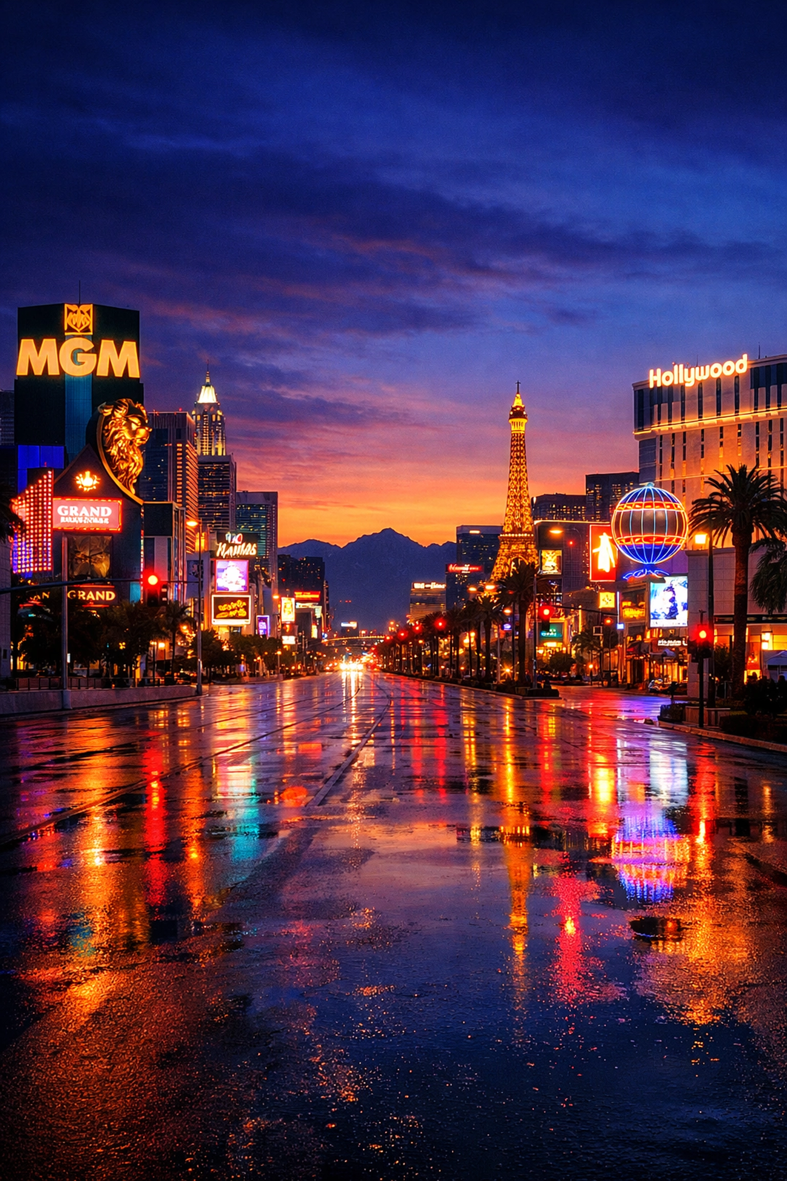 Empty Las Vegas Strip at 5:00 AM blue hour with neon light reflections on the quiet street.