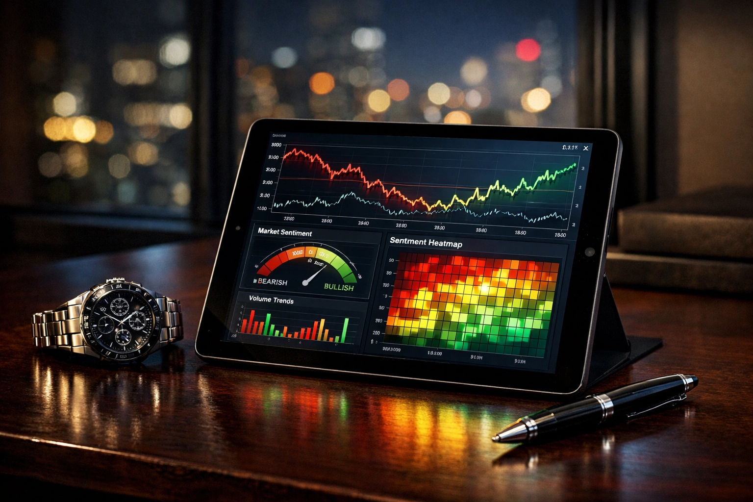 Modern tablet displaying Sentiment and Betting Index (SBI) graphs and sports analytics data.