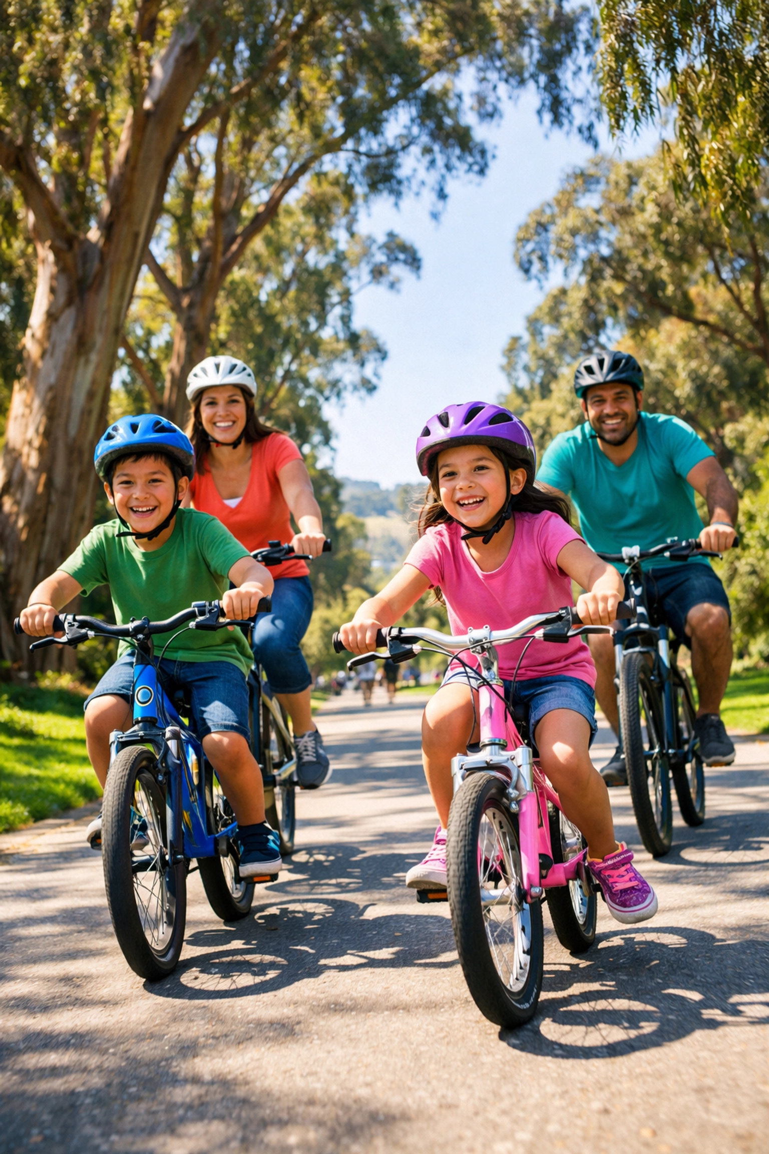 Family of four biking on tree-lined path in golden gate park san francisco
