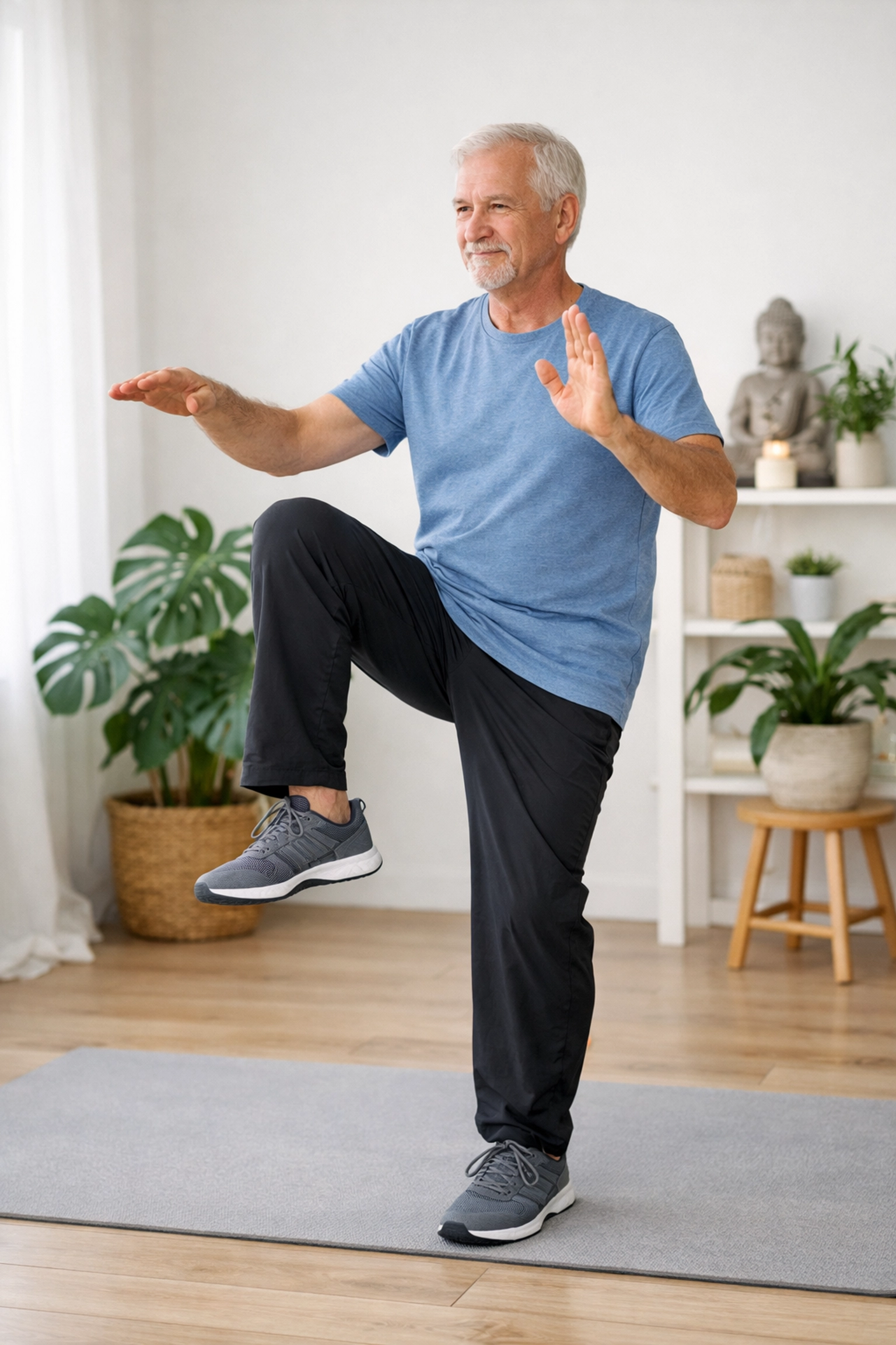 Senior man practicing Tai Chi balance exercises to improve physical strength and prevent falls.