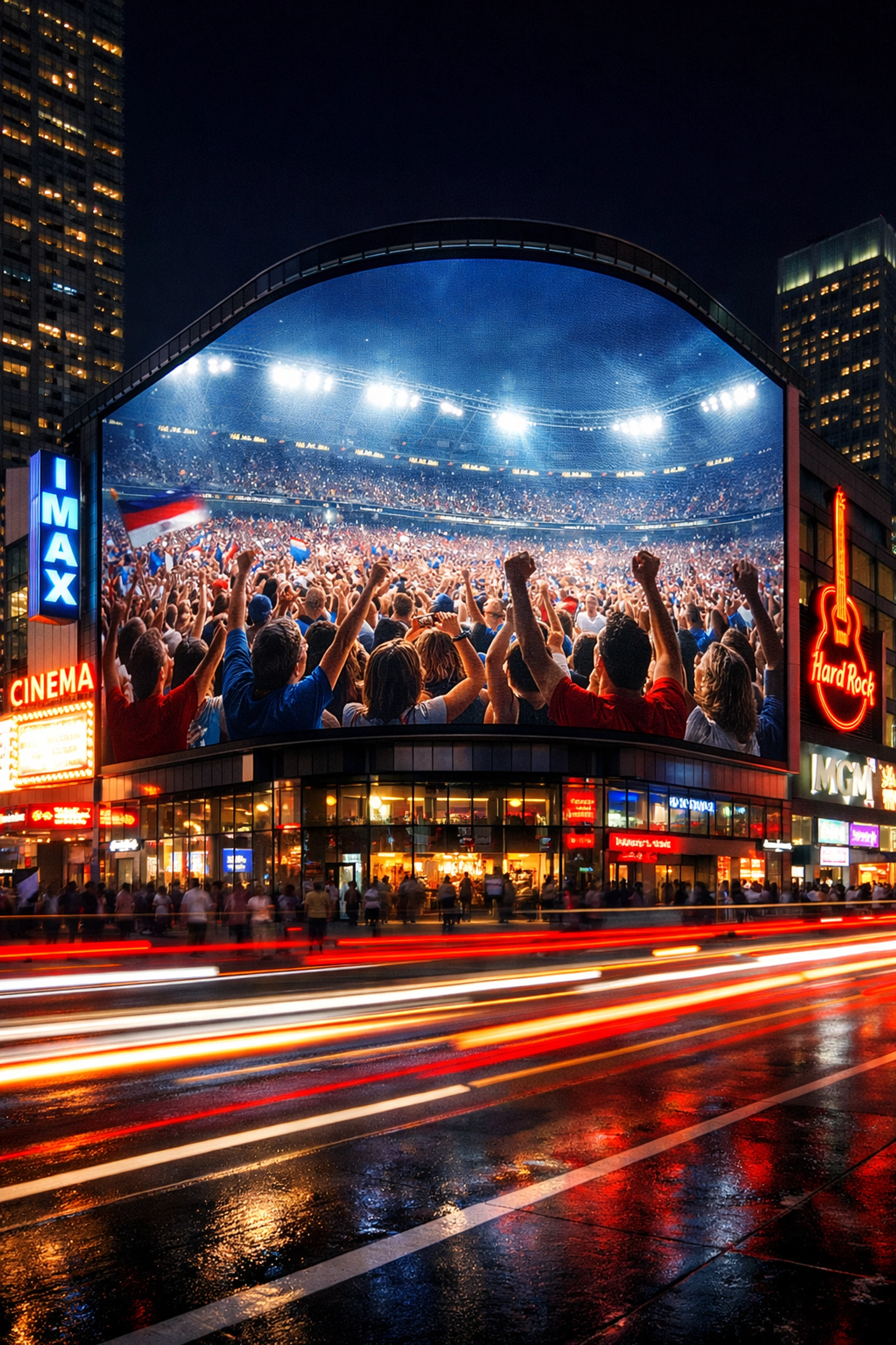 Large curved digital LED screen in a city center showcasing premium sports advertising at night.