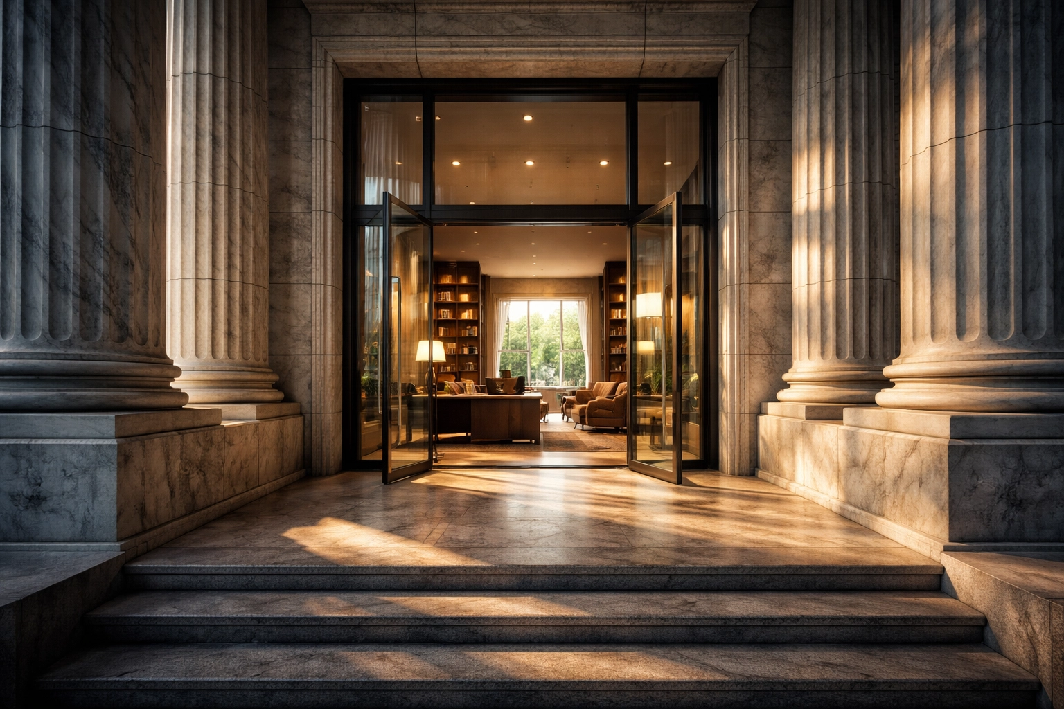 An elegant building with marble columns leading to a modern office, illustrating access to institutional-grade investment strategies.