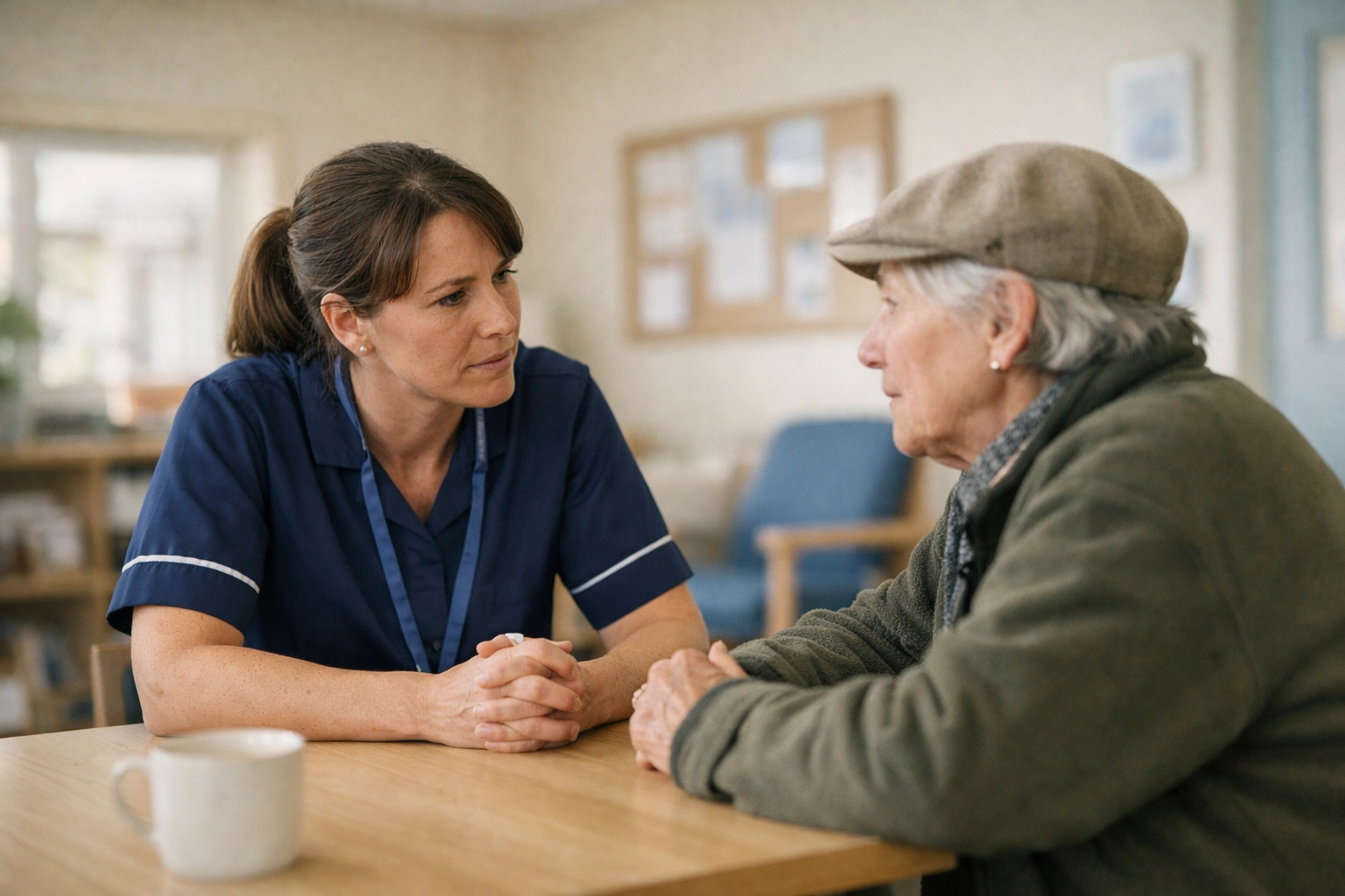 Community health worker engaging with a patient to discuss lung health and early respiratory care UK intervention.