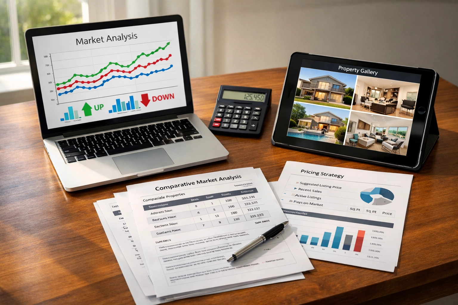 Real estate pricing strategy with market analysis graphs and comparative data