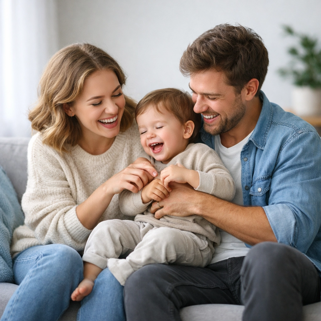 Happy family in a sun-lit living room secured by affordable term life insurance coverage.