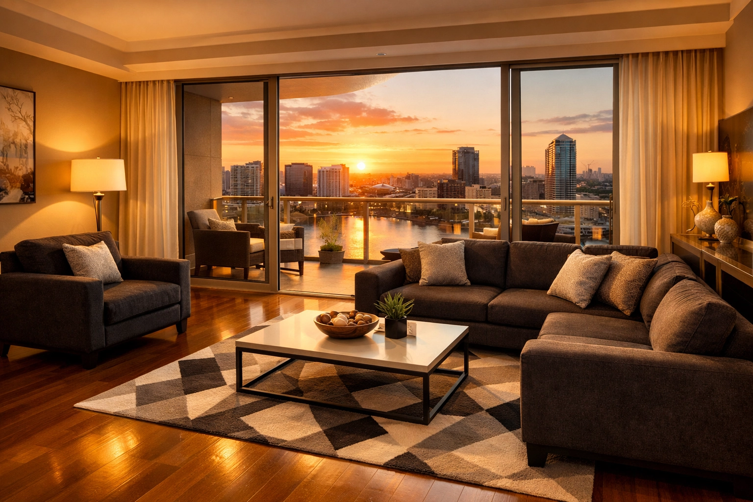 Immaculate Orlando high-rise living room after a professional vacation rental and turnover cleaning service.