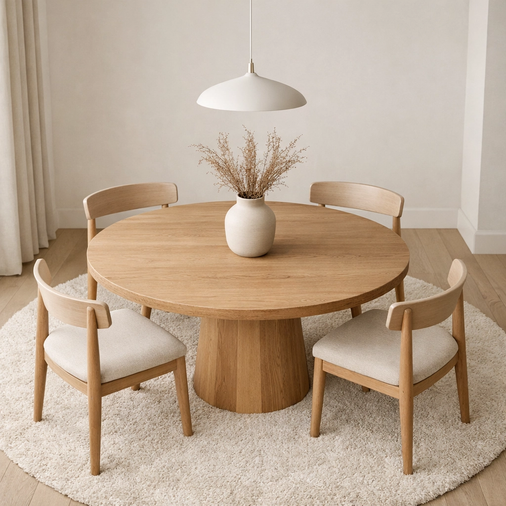Professionally styled dining area with a round wooden table, rug, and pendant light.