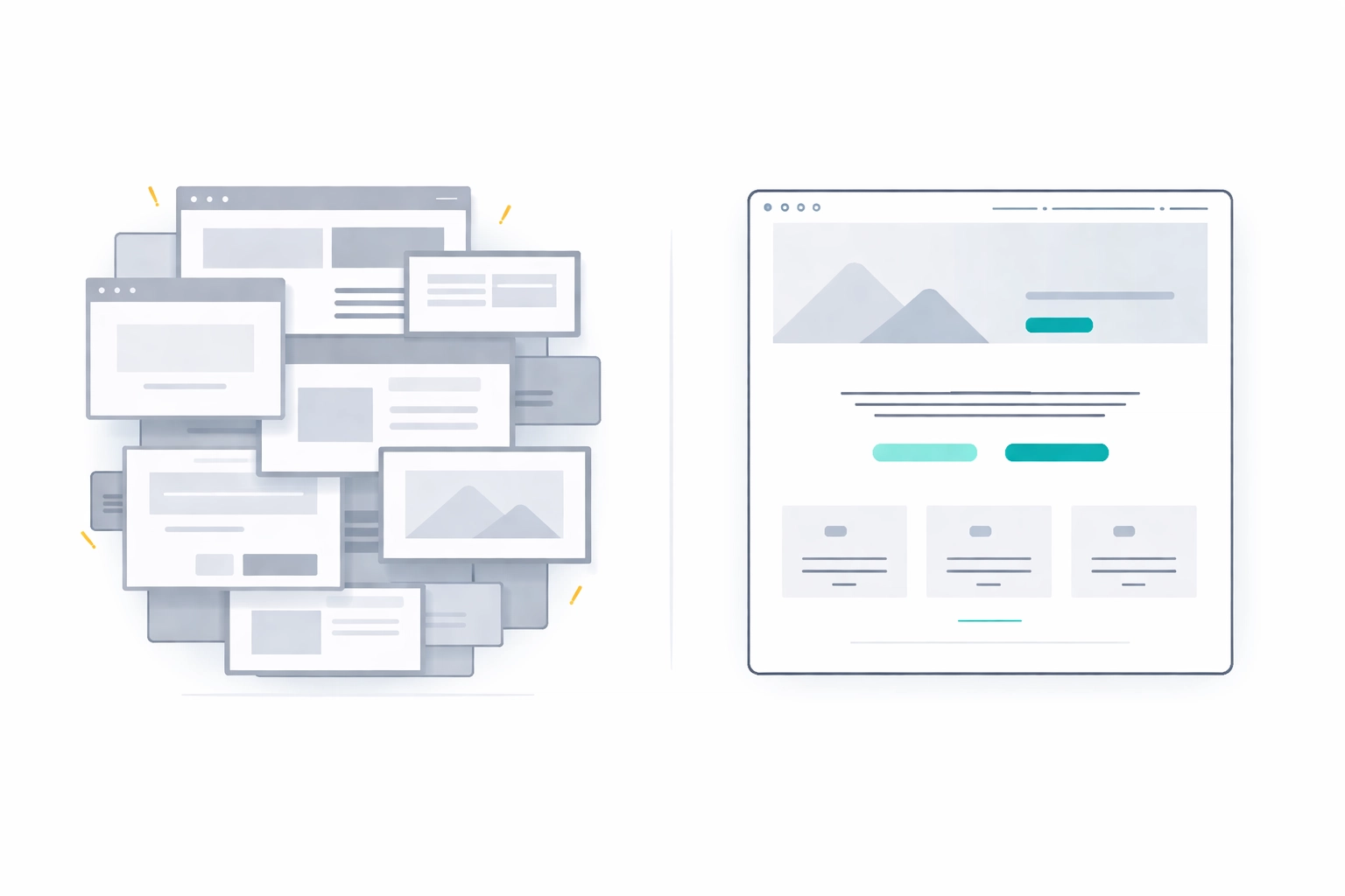 Side-by-side abstract wireframes contrasting bloated template sites with optimized custom web design