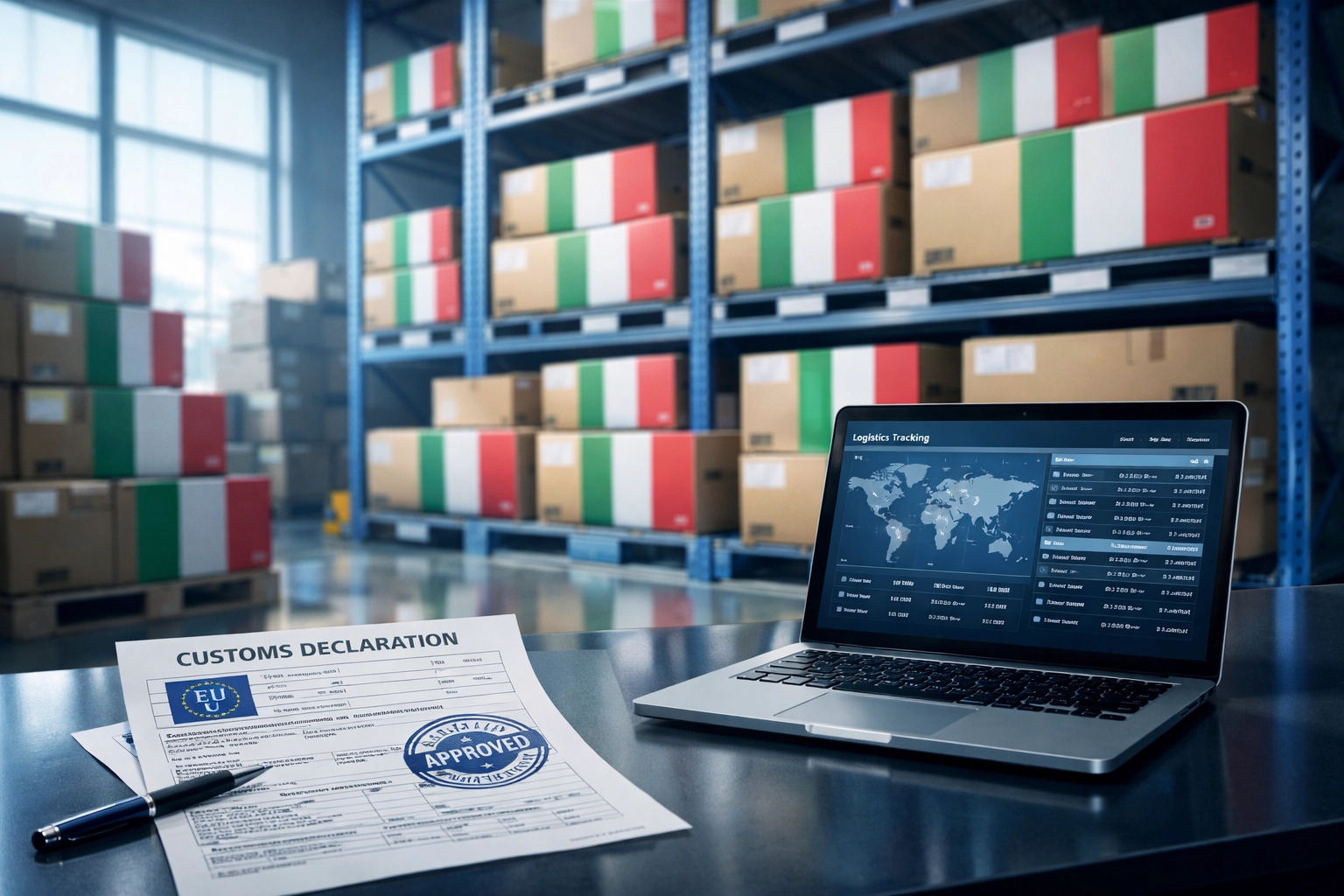 UK to Italy shipping warehouse with customs documentation and Italian parcels