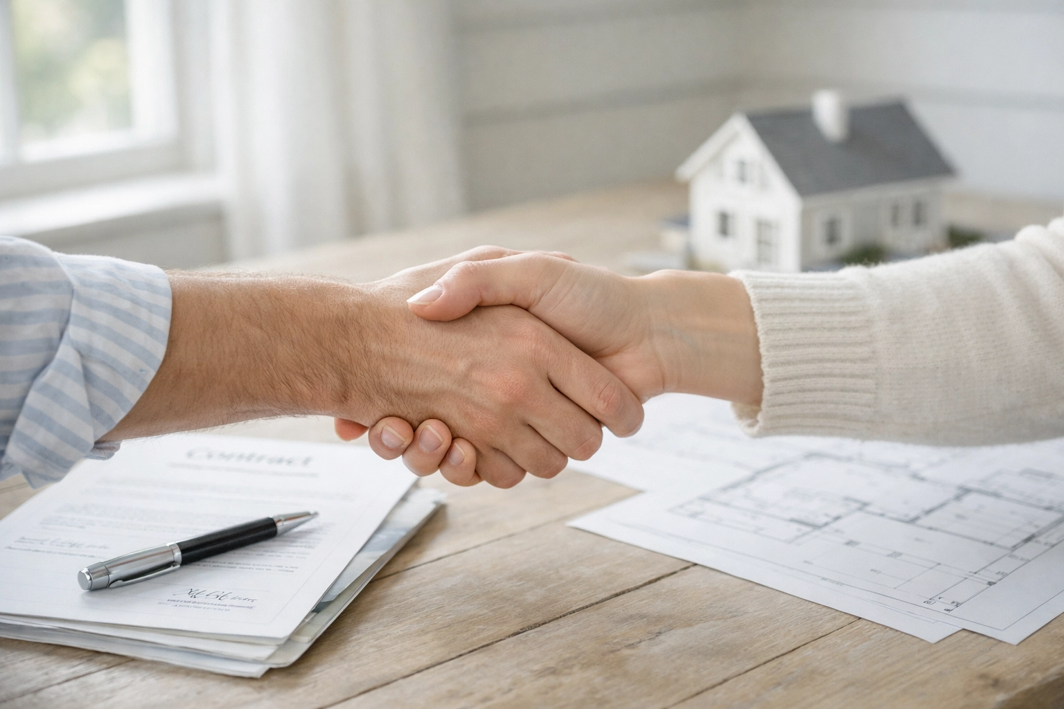 Handshake closing real estate deal with home buying documents on table
