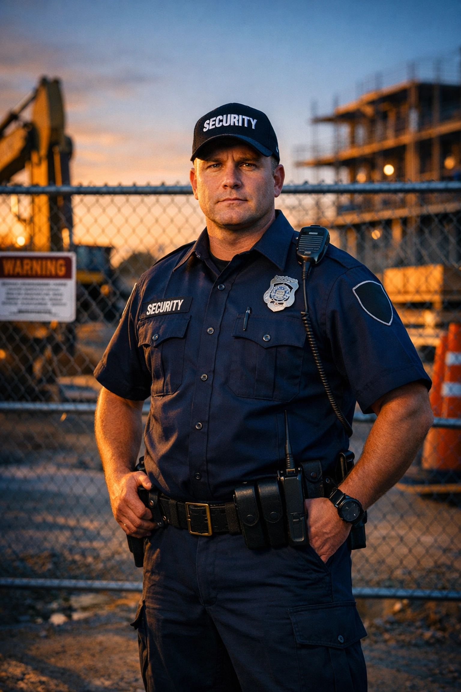 Licensed security guard protecting construction site entrance and equipment