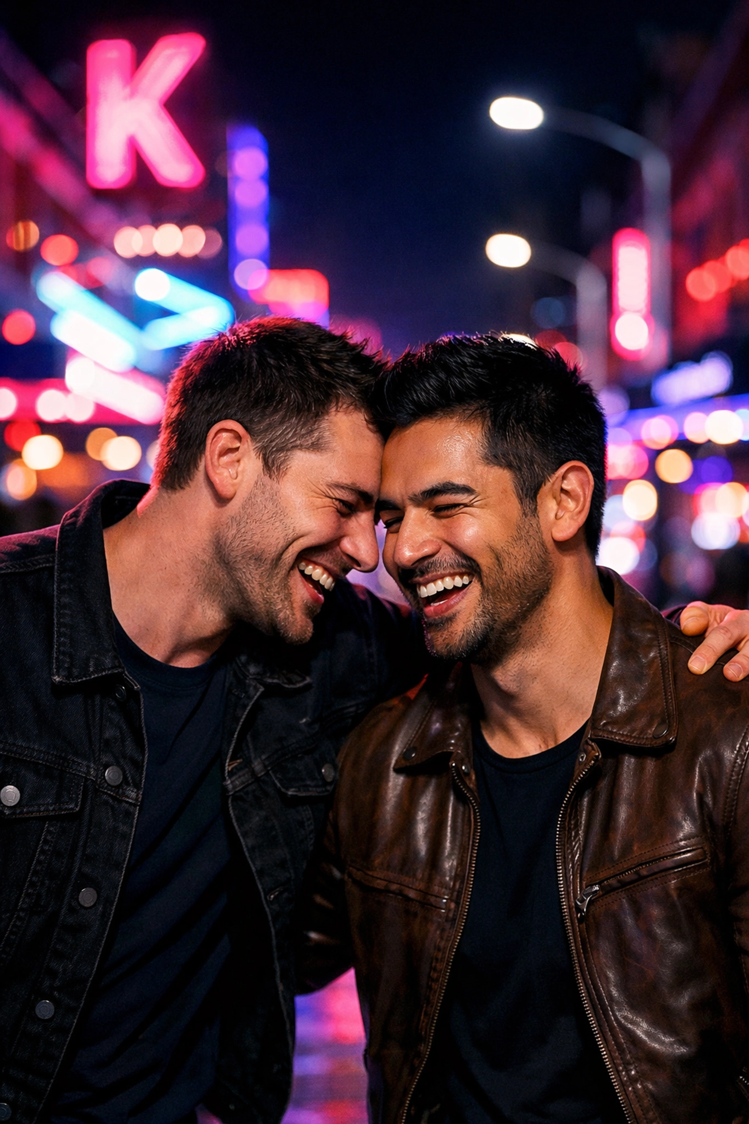 Two men sharing a laugh on Auckland's neon-lit K' Road, a scene from a modern friends to lovers MM romance.