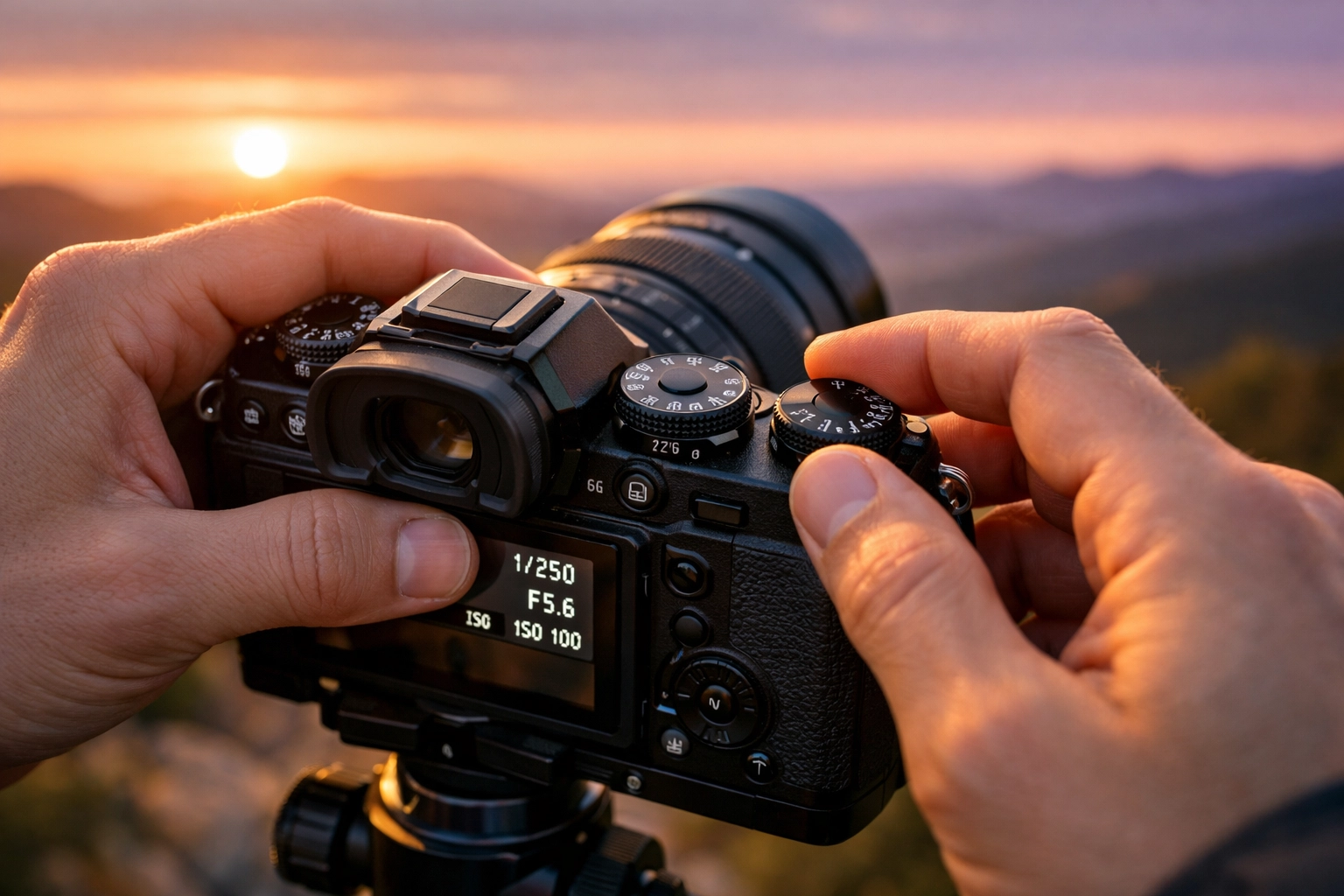 Hands adjusting camera dials to demonstrate how to use manual mode camera settings for professional photography.