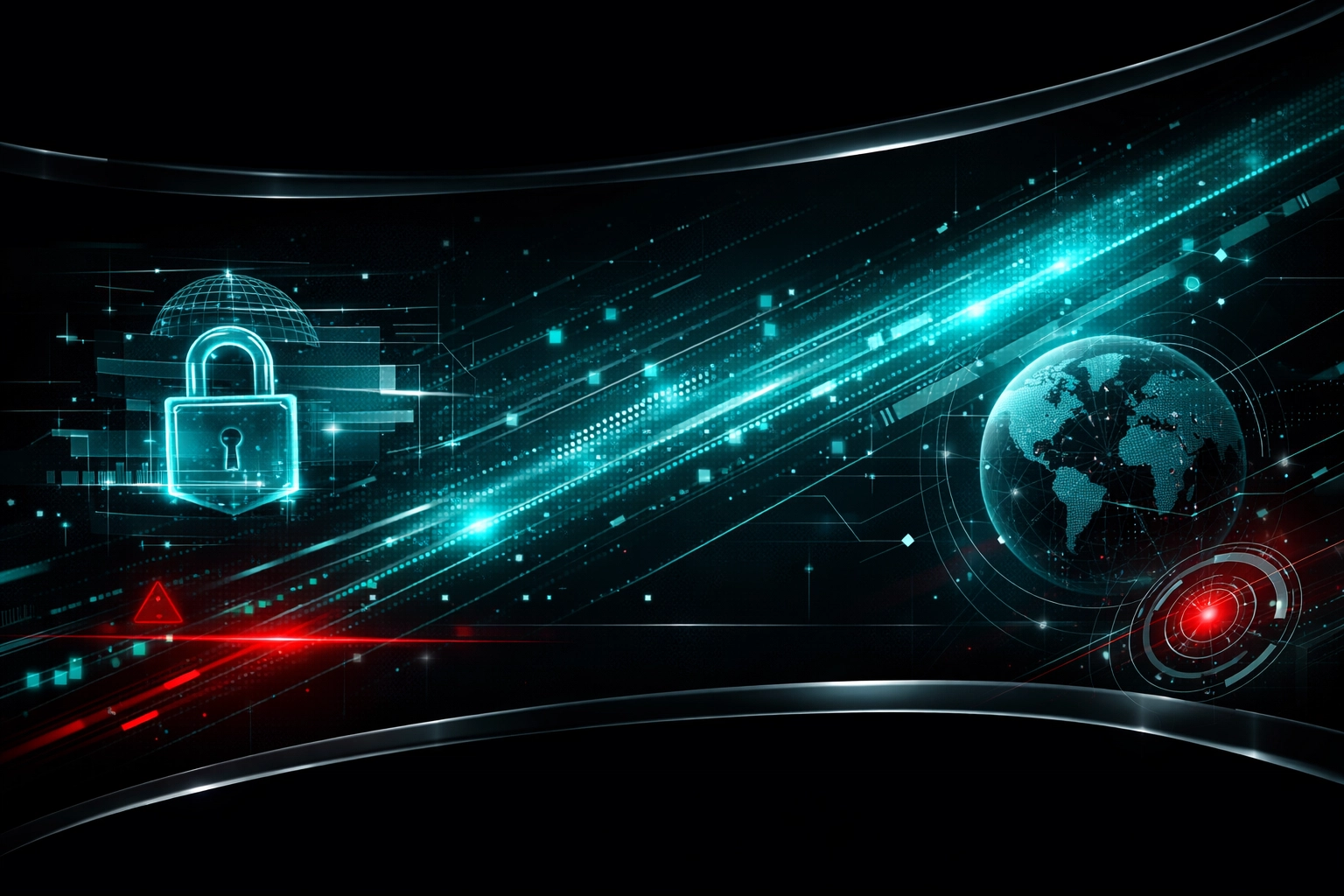 Abstract weekly cybersecurity intelligence header image with teal data streams and subtle red accents.