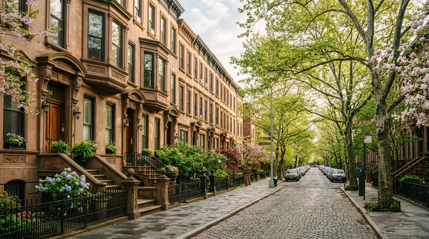 Brooklyn brownstones glowing in soft spring light, capturing a quiet NYC soft life aesthetic.