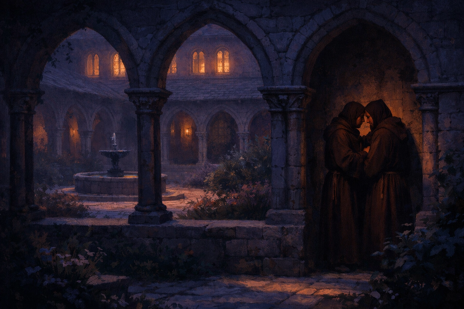 Two monks in intimate conversation in medieval monastery cloister at twilight