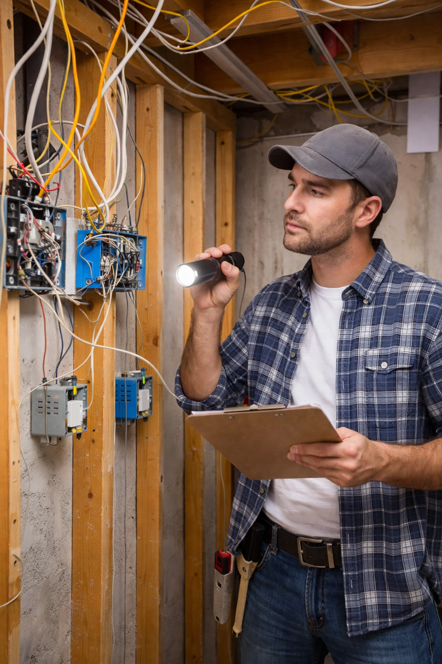 Home inspector reviewing electrical wiring in basement, illustrating the risks of DIY unpermitted renovations in Denver homes