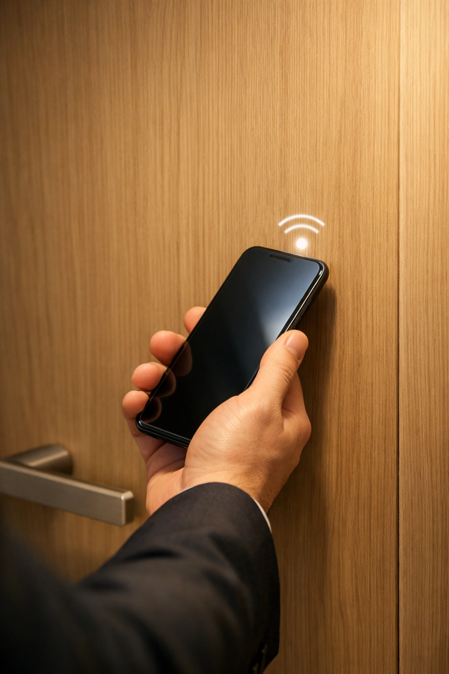 Modern boutique hotel guest using a smartphone for seamless digital key room access.