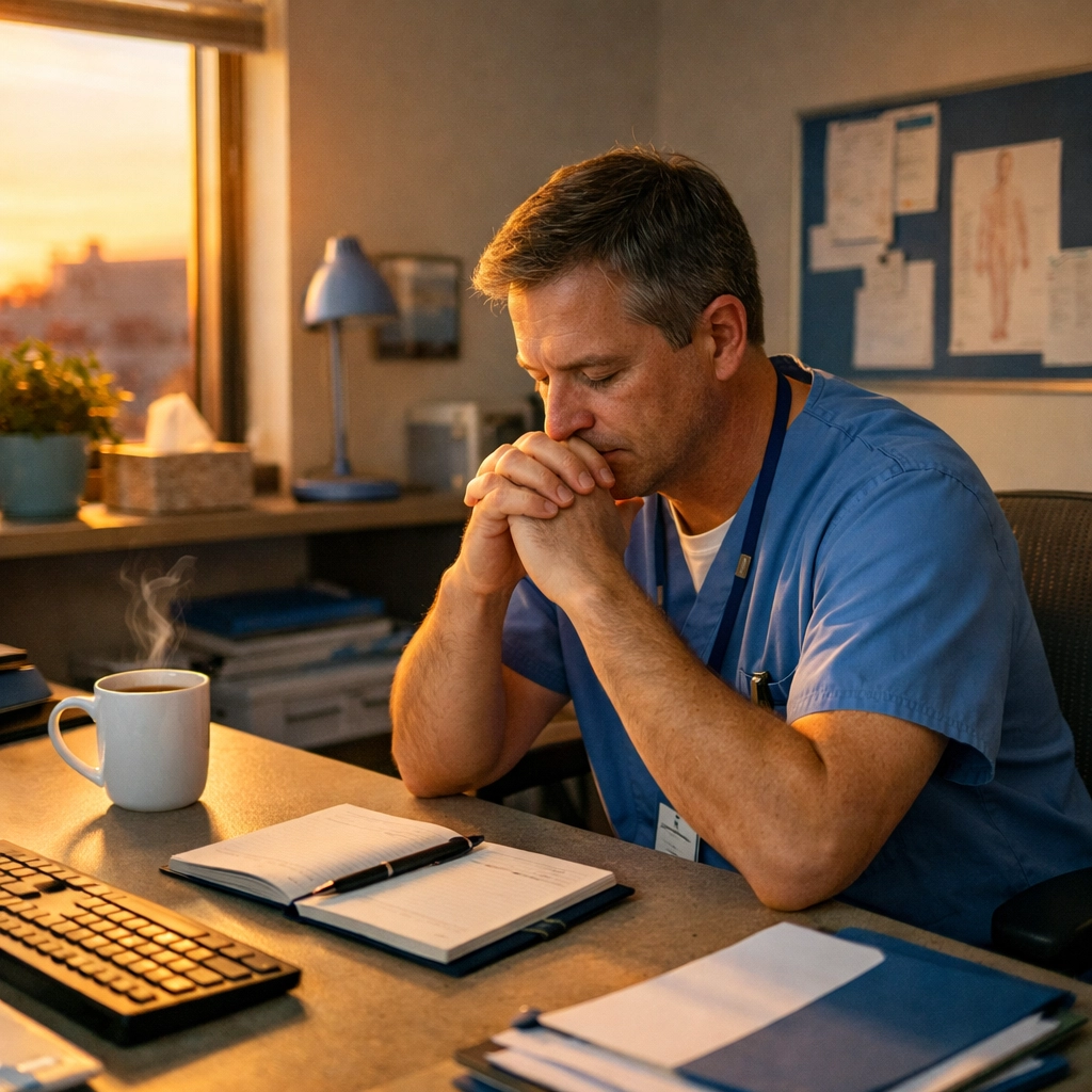 Healthcare professional practicing mindful reflection during morning pause for mental resilience
