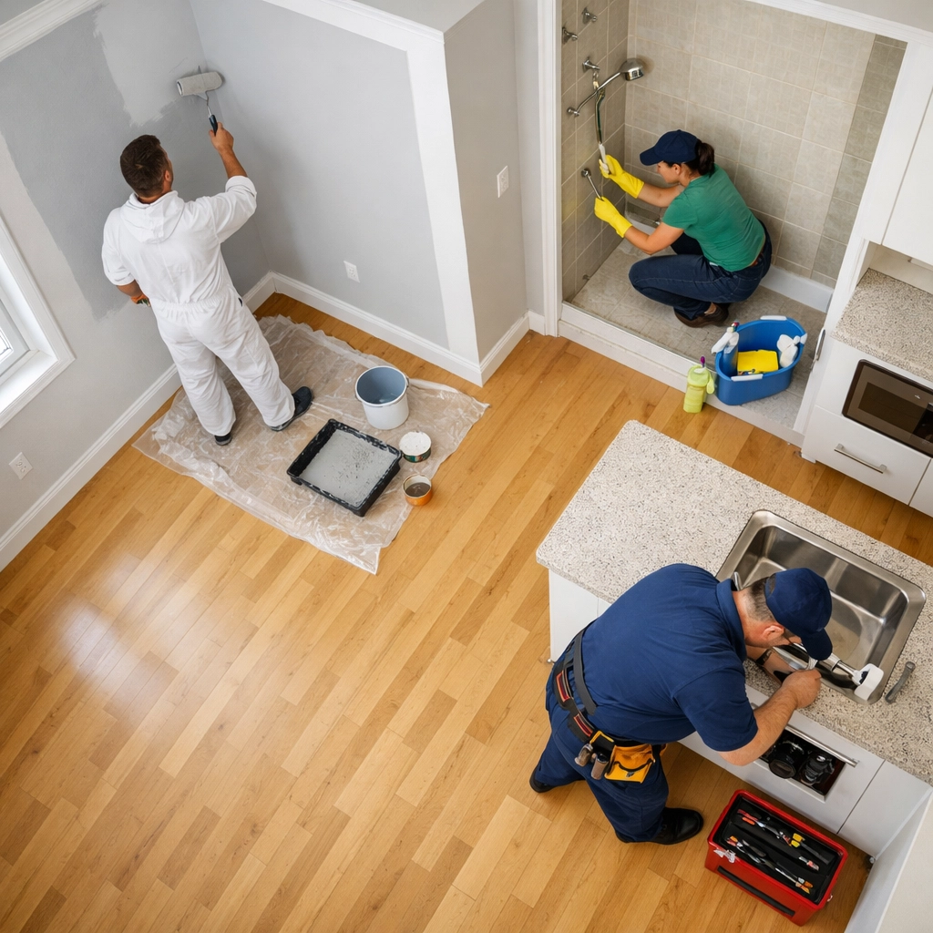 Multiple contractors working in parallel during 48-hour apartment turnover and make-ready