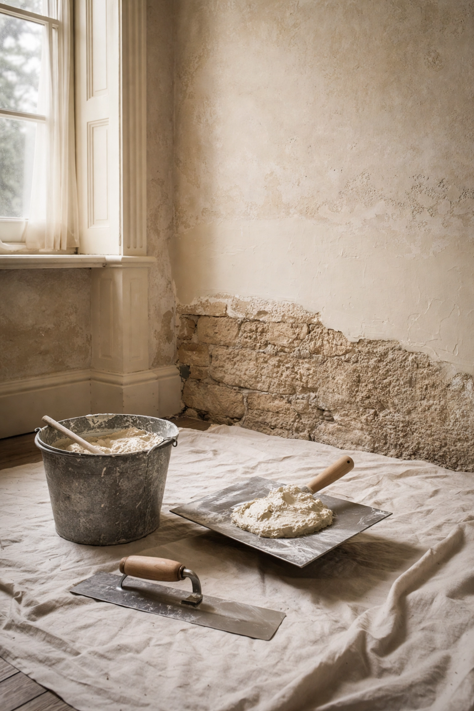 Lime plaster restoration in progress on a period property wall with traditional tools