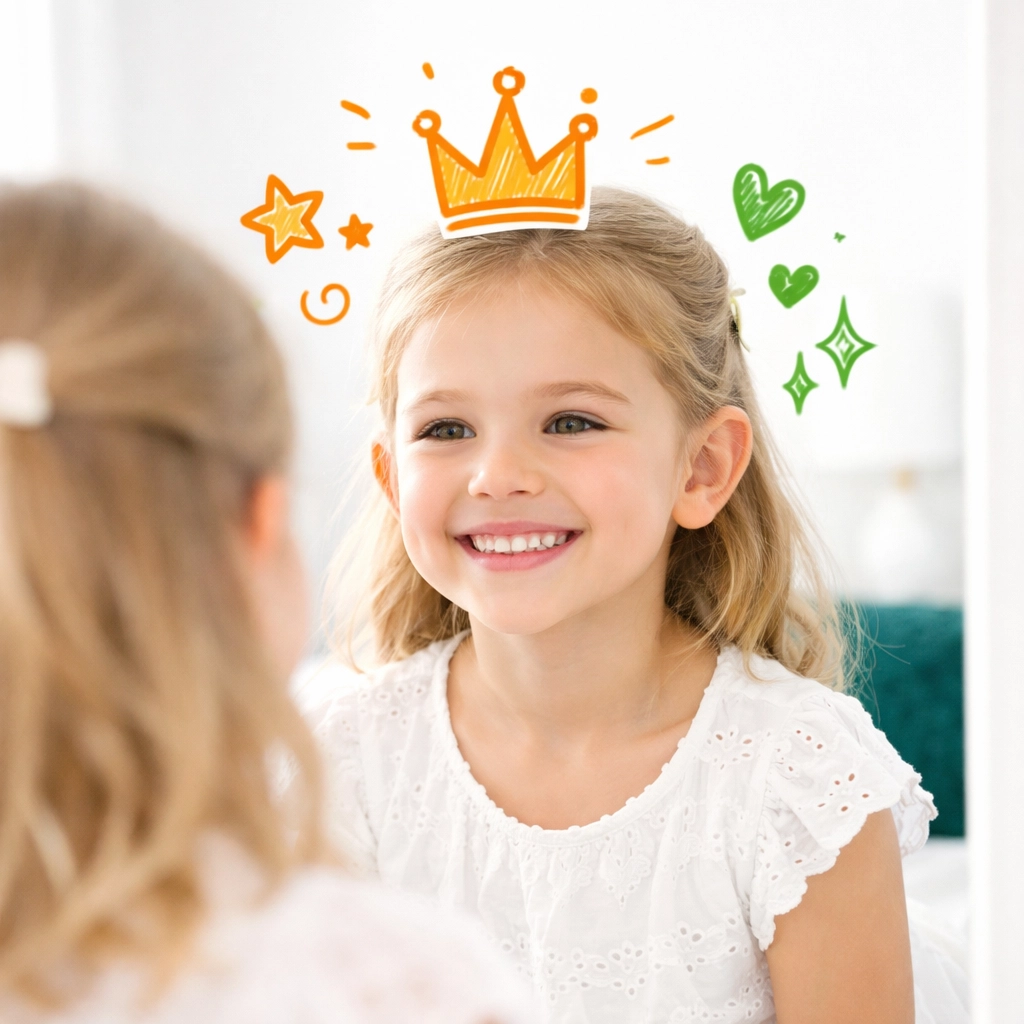 Young girl smiling confidently in a mirror, representing faith-filled identity and spiritual growth.