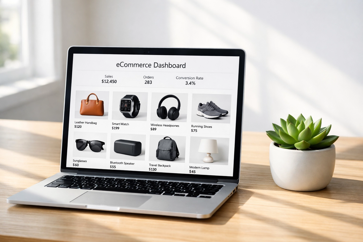 Modern eCommerce dashboard on a laptop displaying small business website design for local retailers.