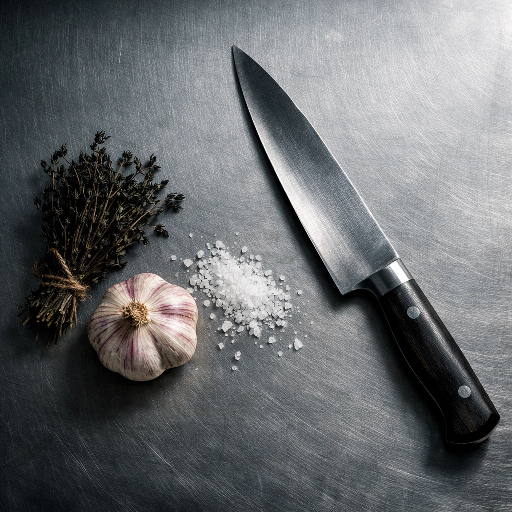 Professional kitchen tools and raw ingredients symbolizing business experience ready for systematization.