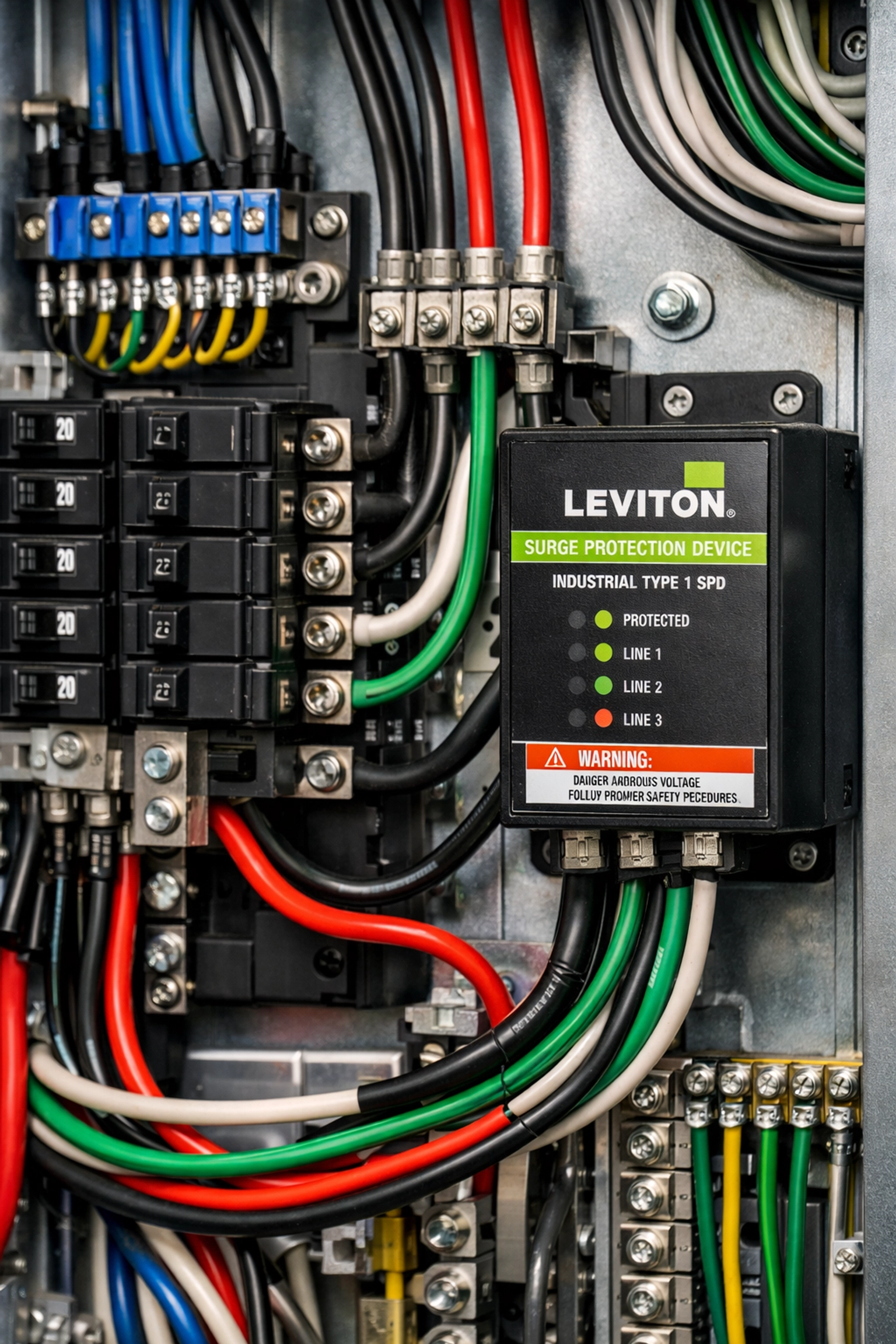 Commercial electrical panel with surge protection part of a business owners policy risk management plan.