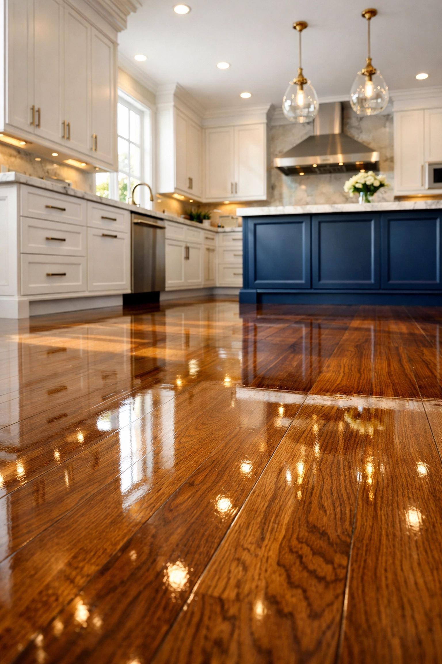 Gleaming hardwood kitchen floors showcasing the results of a professional deep cleaning service.