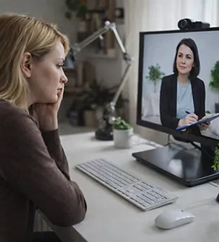 A client participating in a private, calm online video session with a clinician.