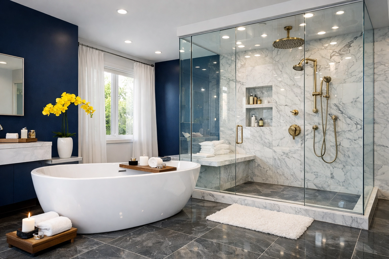 Spotless spa bathroom with slate tiles and clear glass, a result of luxury house cleaning in Manchester-by-the-Sea.