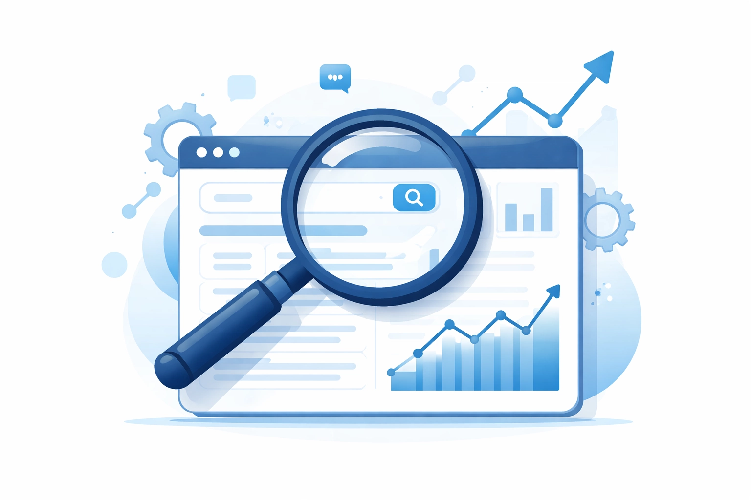 Magnifying glass analyzing website data representing SEO optimization and search engine strategy