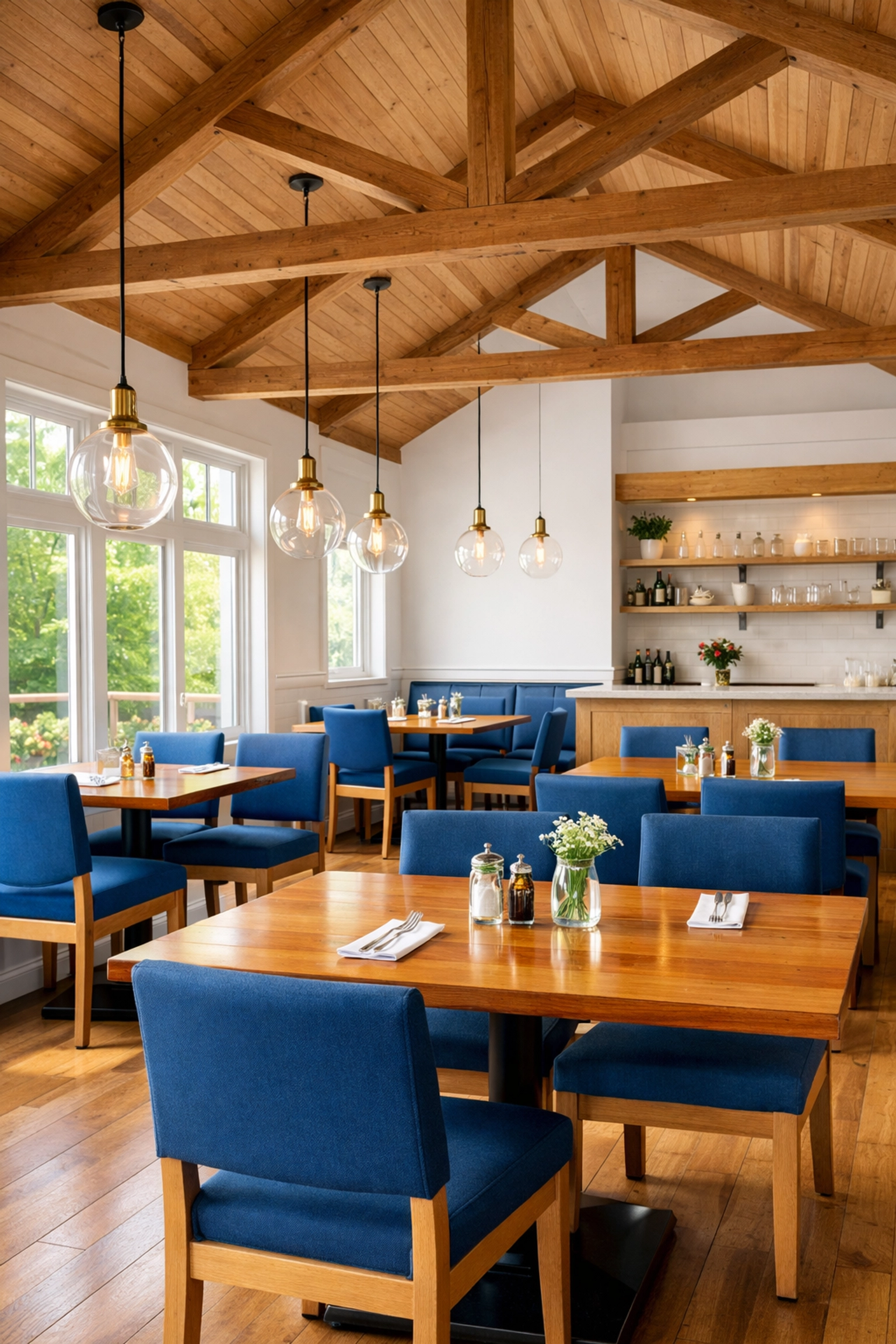 Clean and inviting cafe dining room in Harvard, MA, with dust-free surfaces and polished wooden tables.