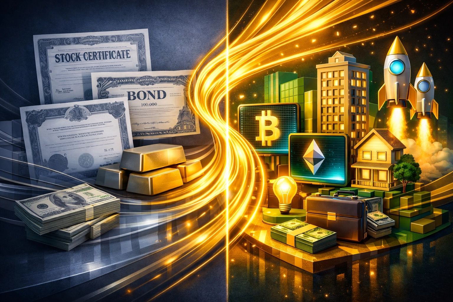 Traditional and alternative investment assets showing portfolio diversification strategy