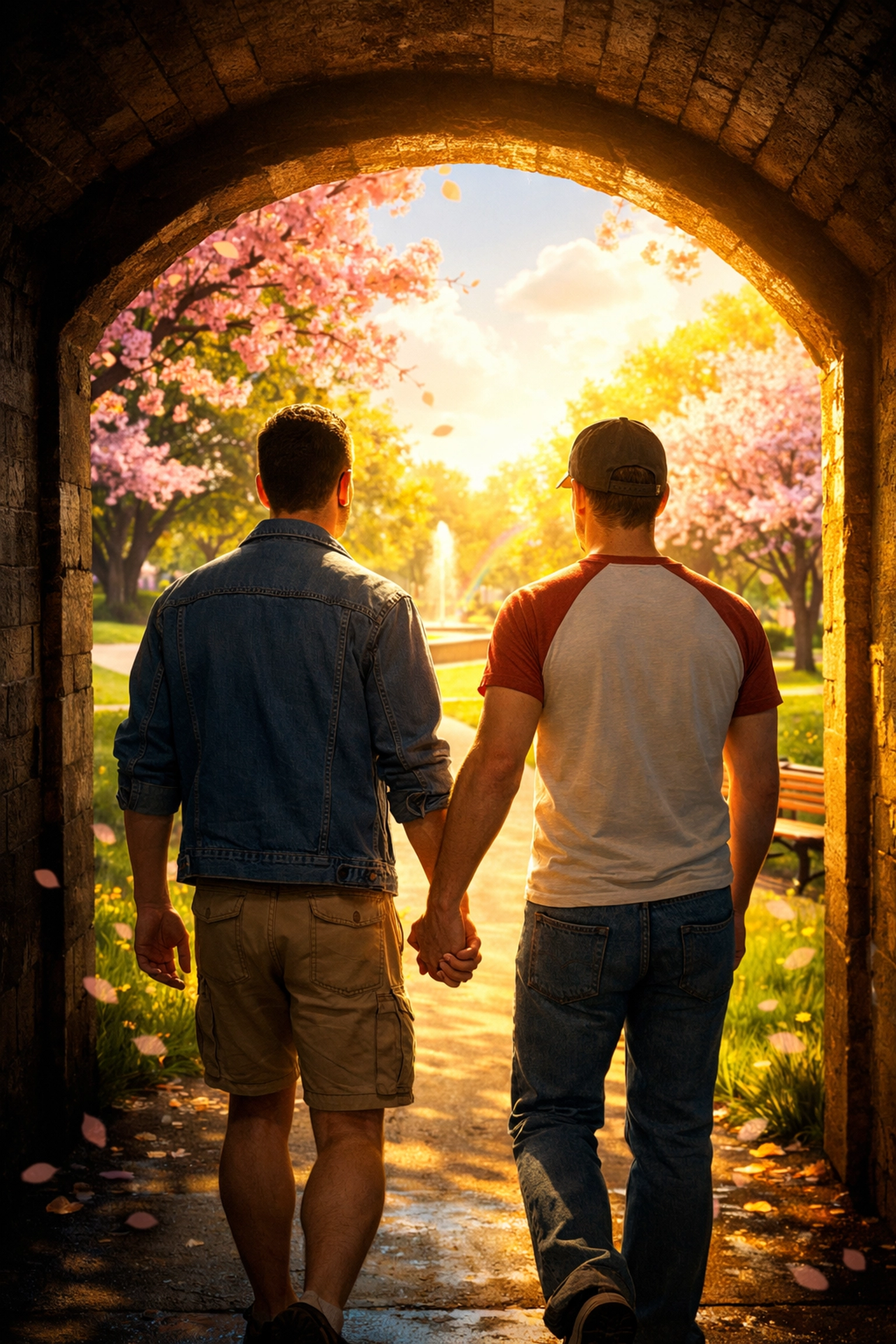 Two gay men walking hand-in-hand toward a bright, blooming park, representing hope and a new era of queer resilience.