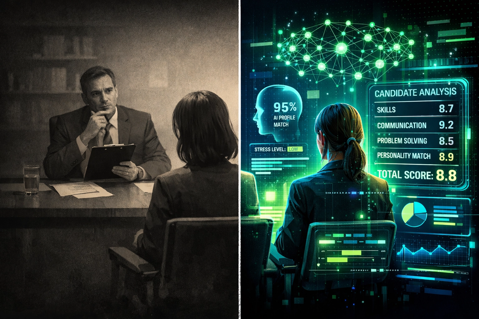 Traditional interview compared to AI-powered structured assessment with data-driven candidate evaluation