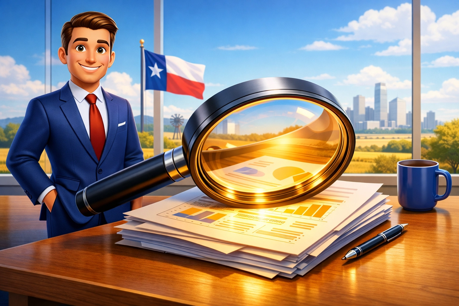 Insurance advisor using a magnifying glass to review policy transparency and Texas rate changes.