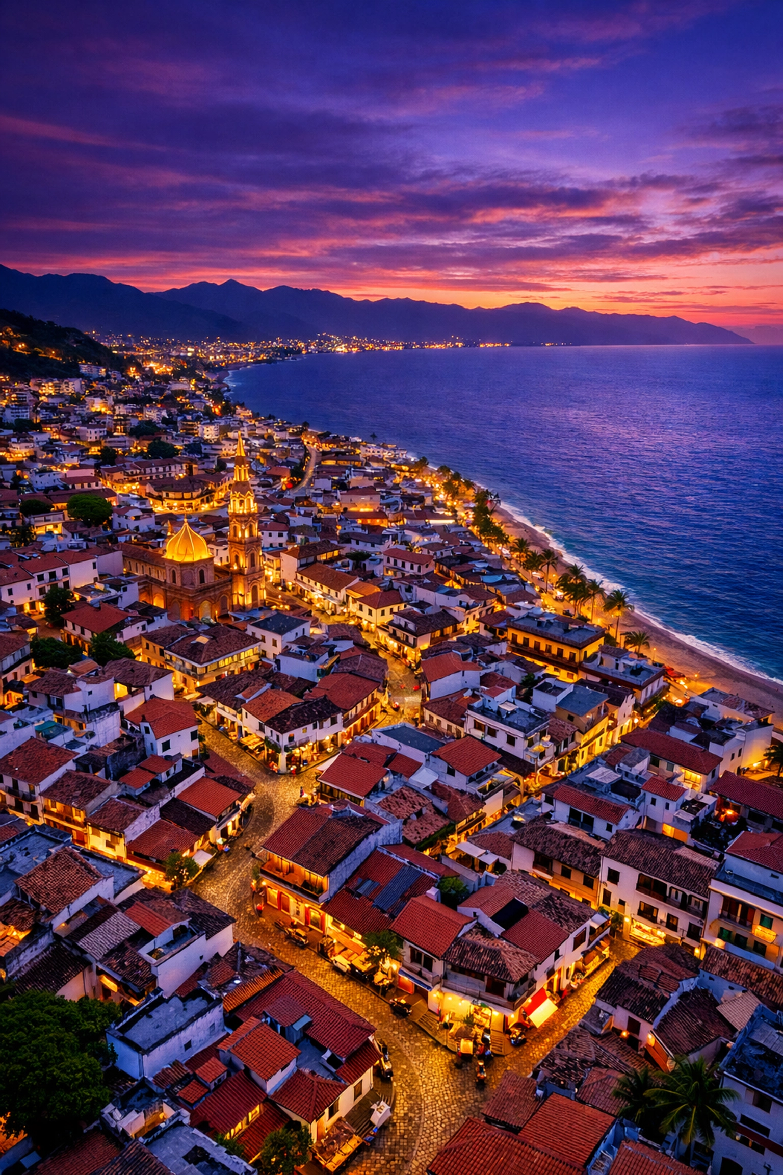 Aerial view of Zona Romántica Old Town Puerto Vallarta with colorful buildings